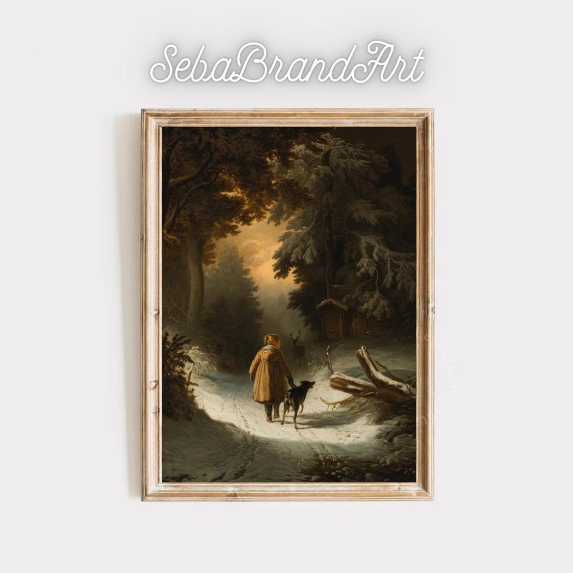 Child And Dog Walking A Snowy Forest Path At Dusk Baroque Poster