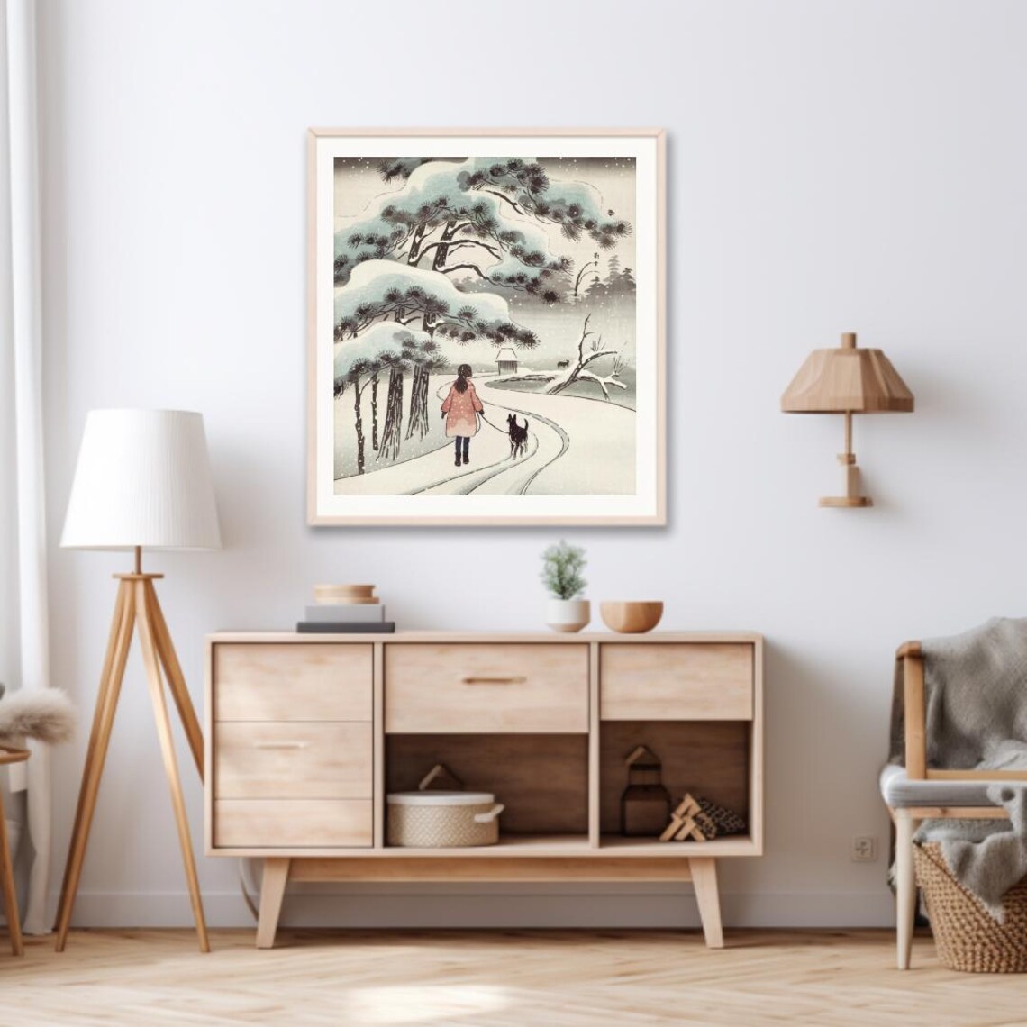 Girl Walking Dog On Snowy Path Under Pines Japanese Ukiyo E Art Poster - Image 3