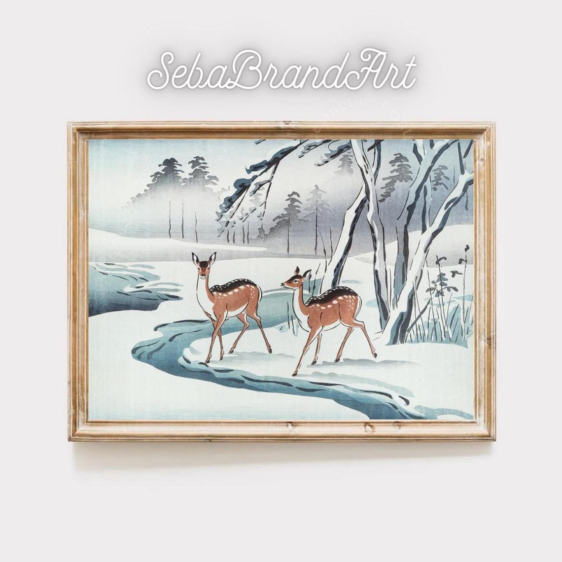 Two Spotted Deer By A Winding Snowy Stream Japanese Winter Art Poster