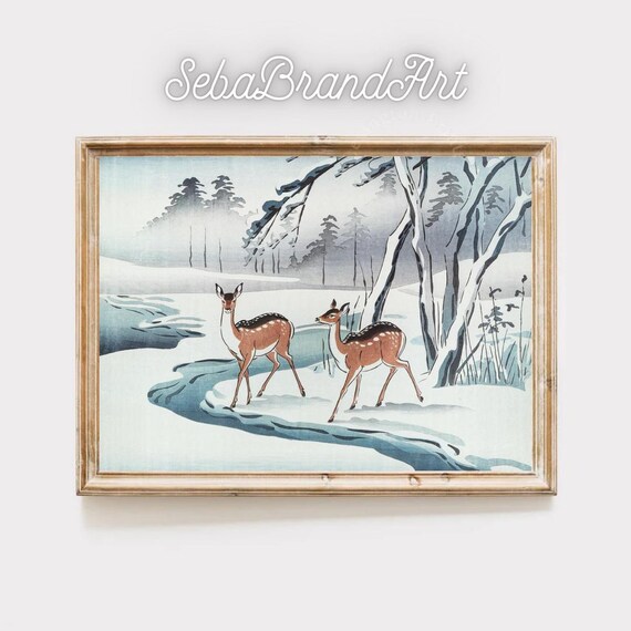 Two Spotted Deer By A Winding Snowy Stream Japanese Winter Art Poster