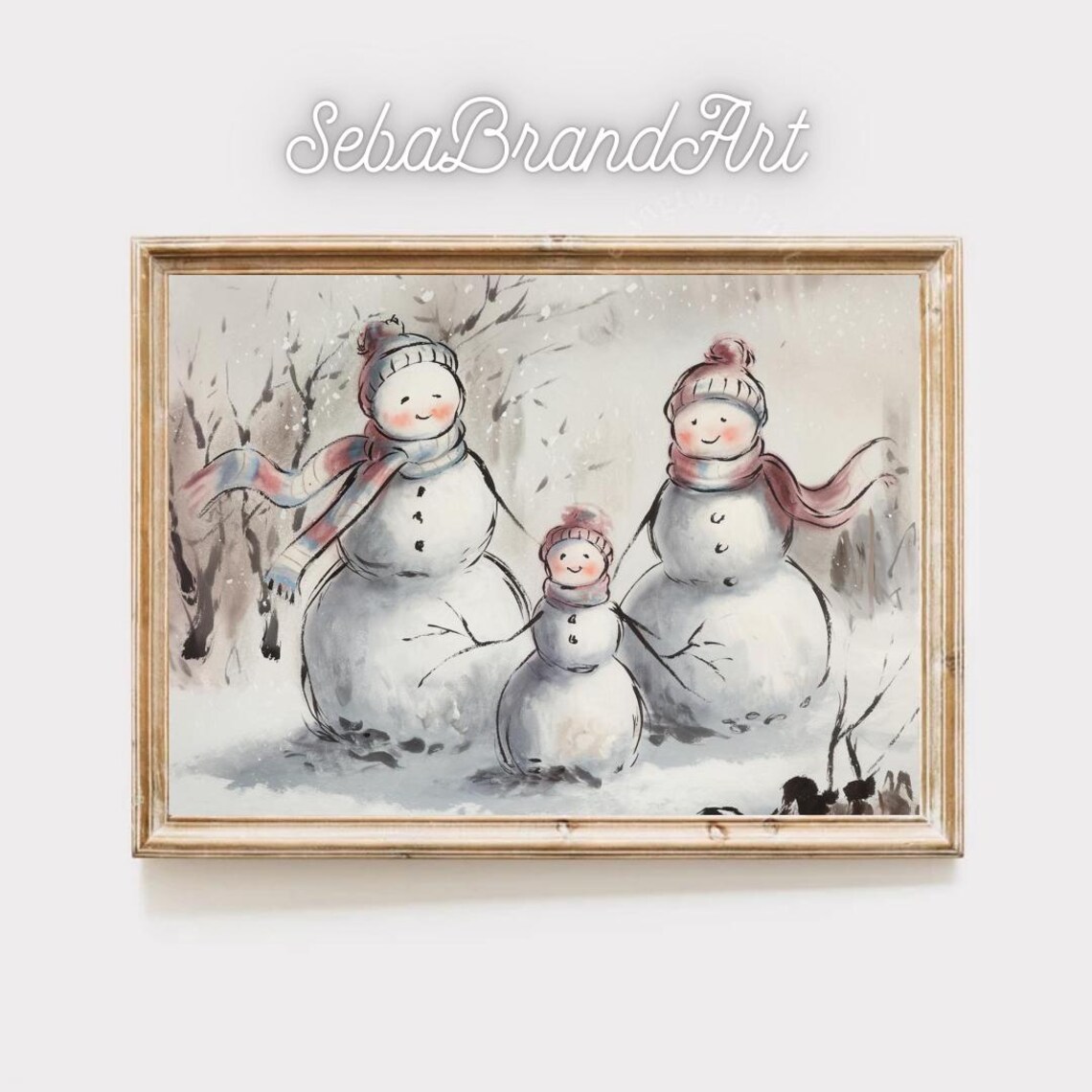 Three Snowman Family In Soft Winter Ink Wash Holiday Art Poster