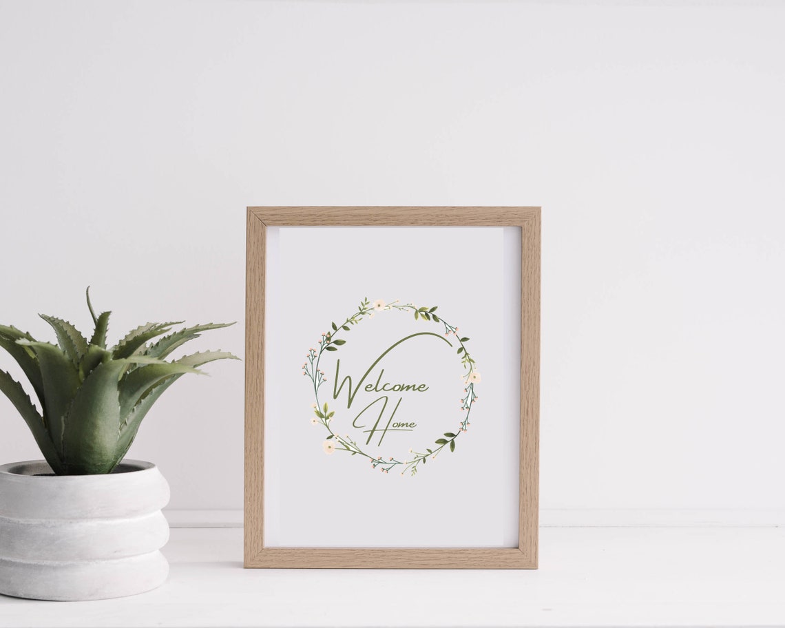 Welcome Home Floral Wreath Botanical Script Typography Wall Art - Image 2