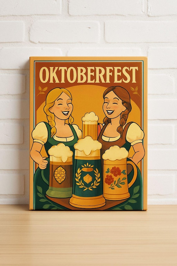 Oktoberfest Retro Beer Festival Dirndl Girls Beer Steins Vintage Poster