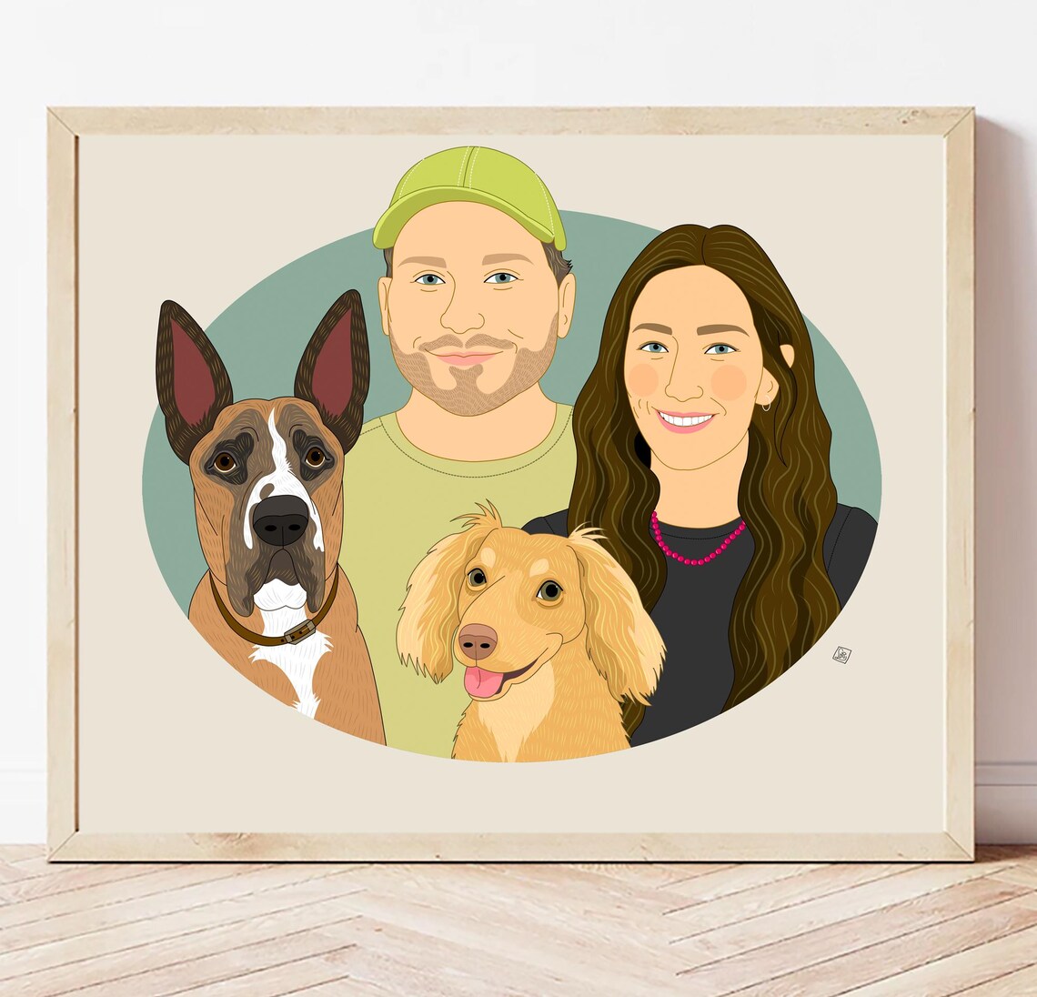 Couple With Two Dogs on Orange Oval Custom Portrait Illustration Poster - Image 5