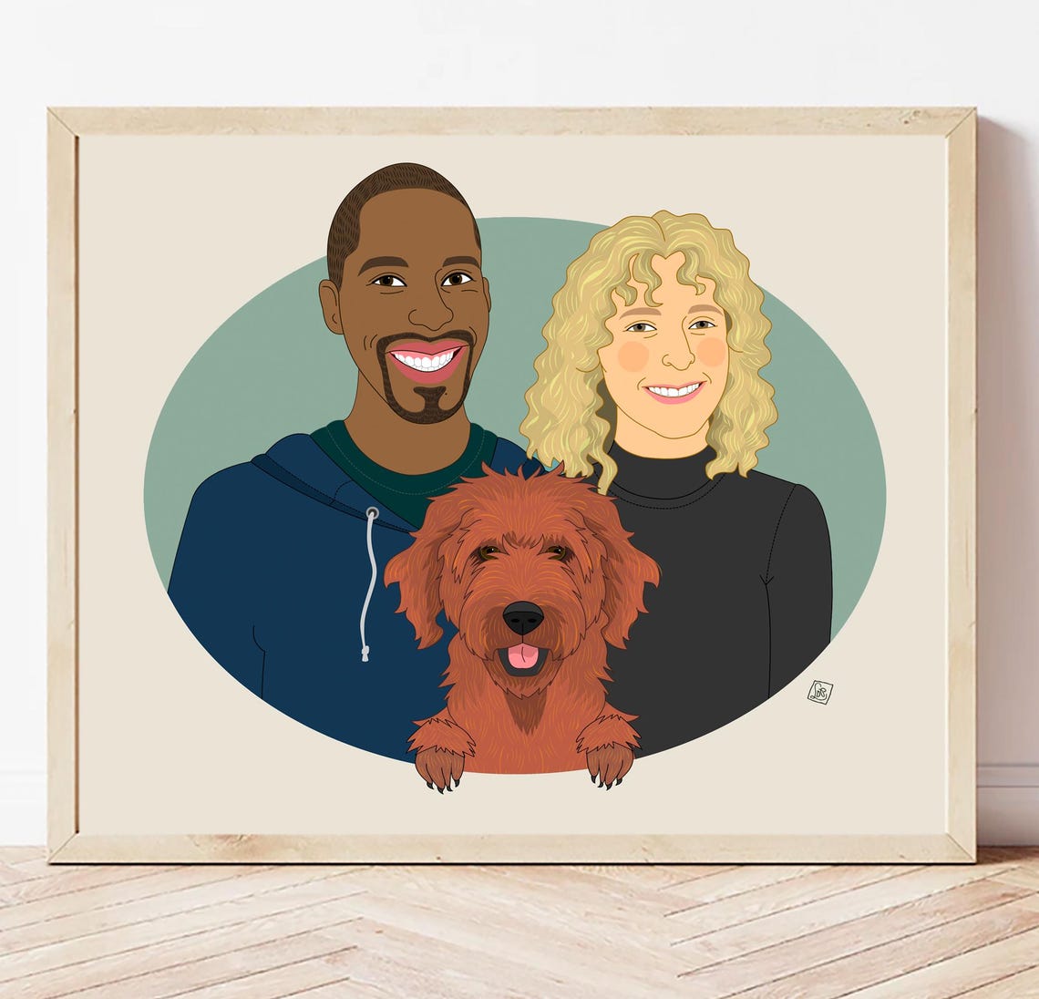 Couple With Golden Dog Wearing Floral Collar Custom Portrait Poster - Image 5