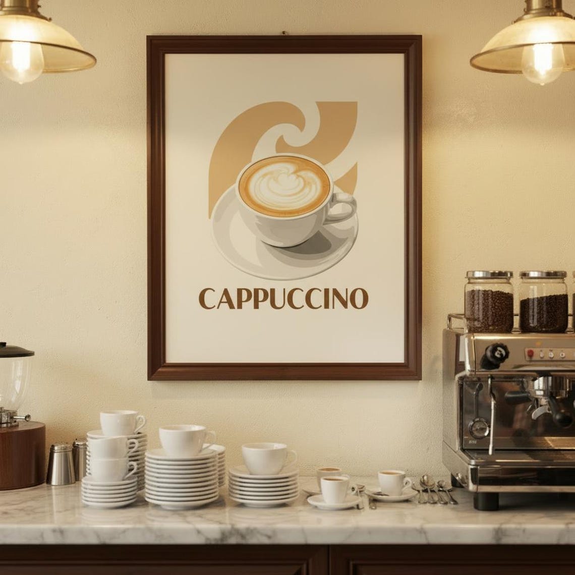 Cappuccino Latte Art Coffee Cup Vintage Cafe Kitchen Bar Poster