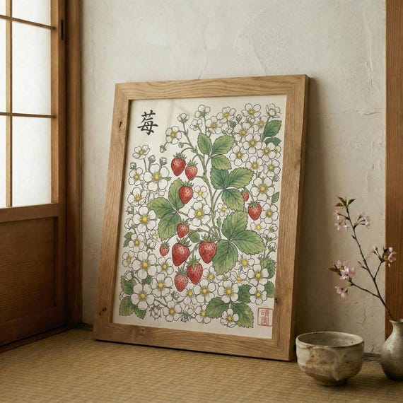 Japanese Strawberry Blossom Print Botanical Wall Art Mokuhanga Style Decor