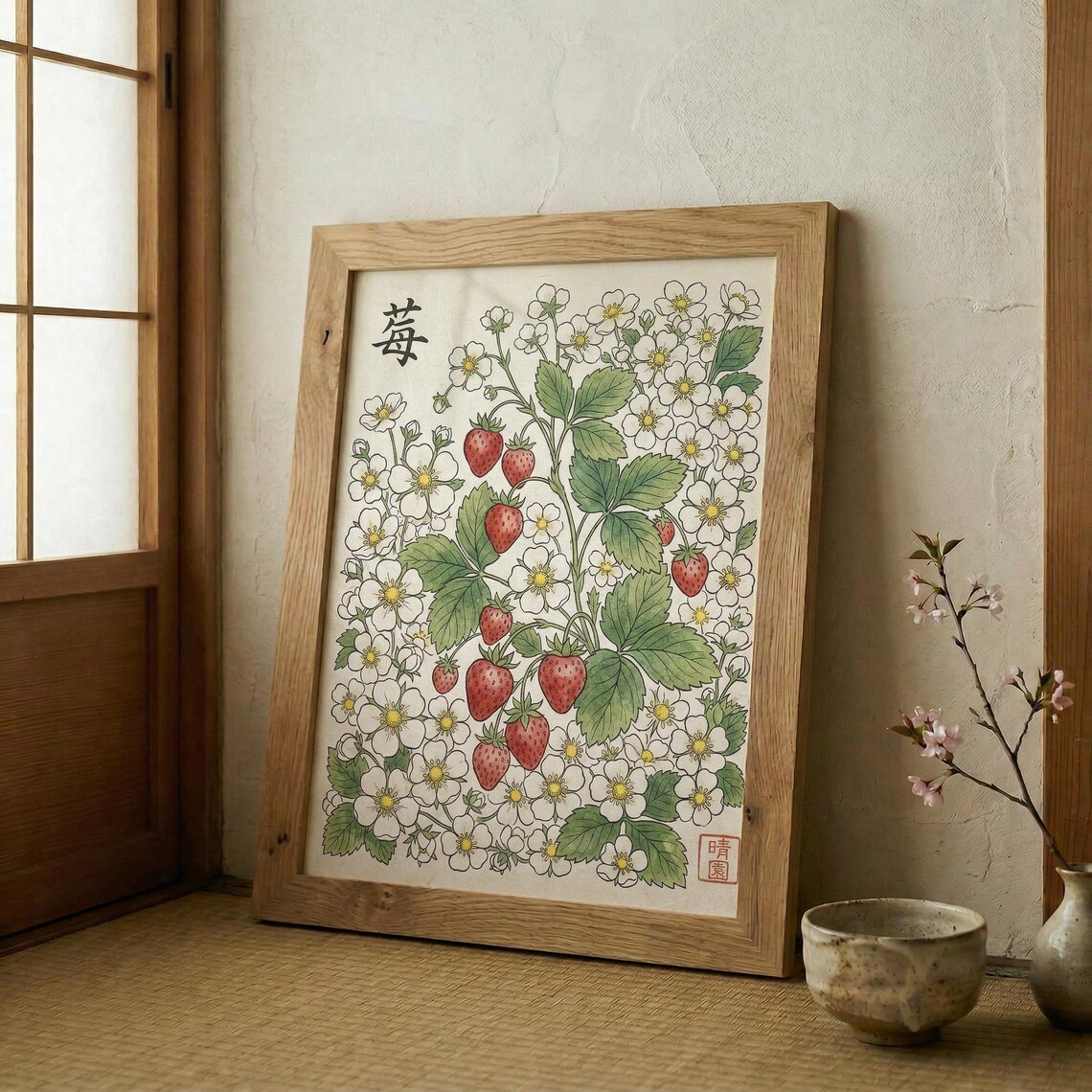 Japanese Strawberry Blossom Poster White Floral Fruit Woodblock Art