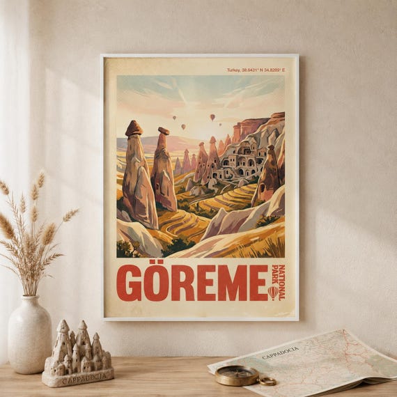 Greme National Park Print Vintage Cappadocia Hot Air Balloon Turkey Travel Poster