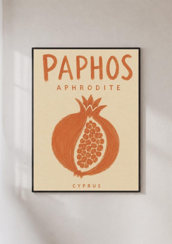 Paphos Cyprus Poster Pomegranate Wall Art Retro Travel Print Mediterranean Fruit Decor
