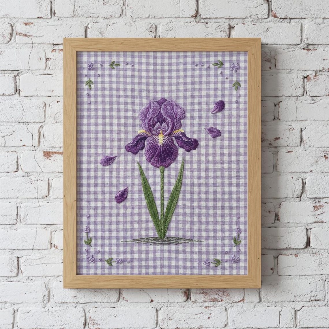 Purple Iris Flower Embroidery Lavender Gingham Cottage Art Print