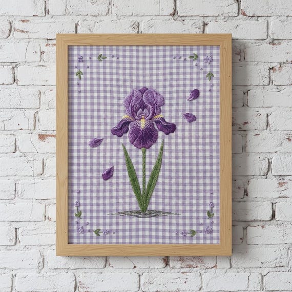 Embroidered Iris Flower Stem Art Print Purple Botanical Wall Cottagecore Floral Illustration