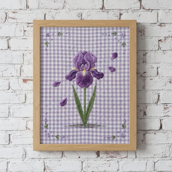 Purple Iris Flower Embroidery Lavender Gingham Cottage Art Print