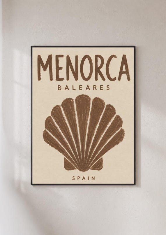Menorca Baleares Spain Poster Scallop Shell Wall Art Retro Travel Print Beige