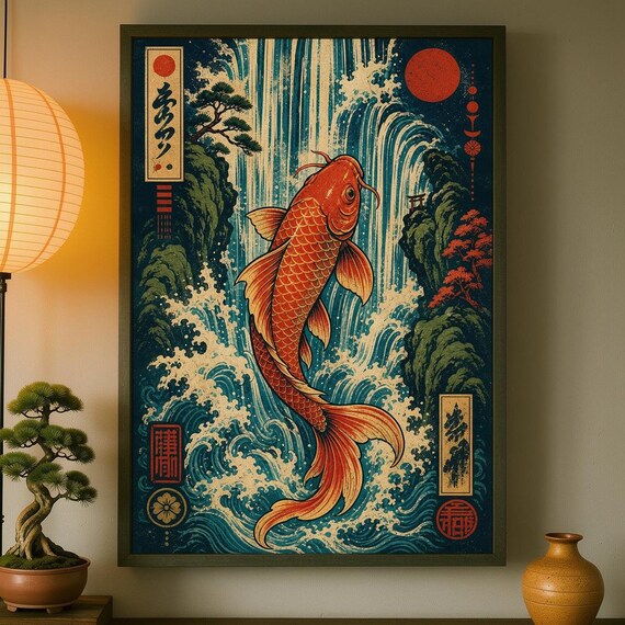Red Koi Carp Leaping Waterfall Japanese Woodblock Style Art Print