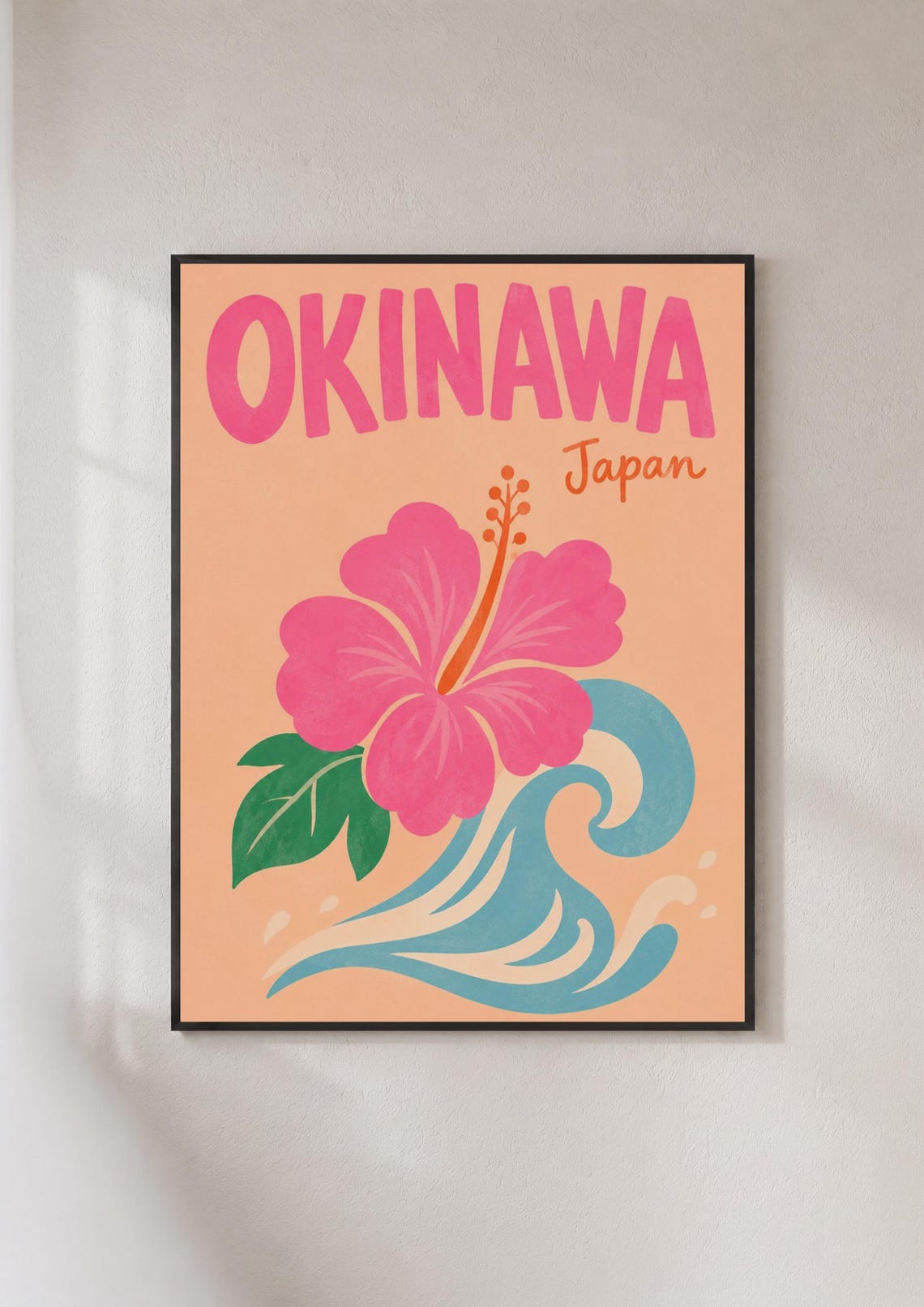 Okinawa Japan Travel Poster Hibiscus Flower Wave Art Print Retro Tropical Wall