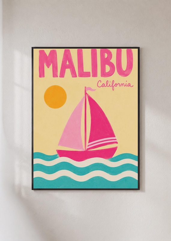 Malibu California Pink Sailboat Retro Beach Travel Poster for Surf