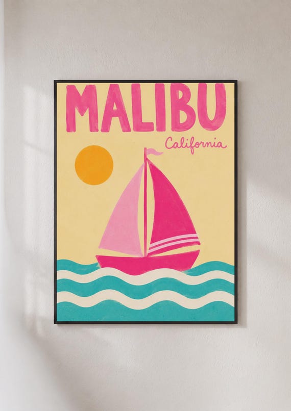 Malibu California Retro Travel Poster Pink Sailboat Wall Art Beach Print