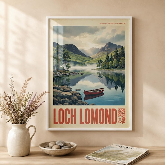 Loch Lomond National Park Scotland Vintage Lake Scene Travel Poster