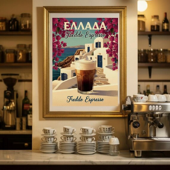 Greece Freddo Espresso Santorini Bougainvillea Vintage Cafe Poster