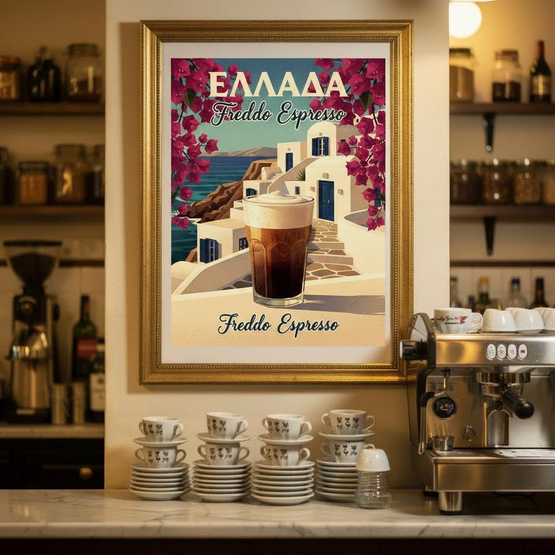Greece Freddo Espresso Santorini Bougainvillea Vintage Cafe Poster