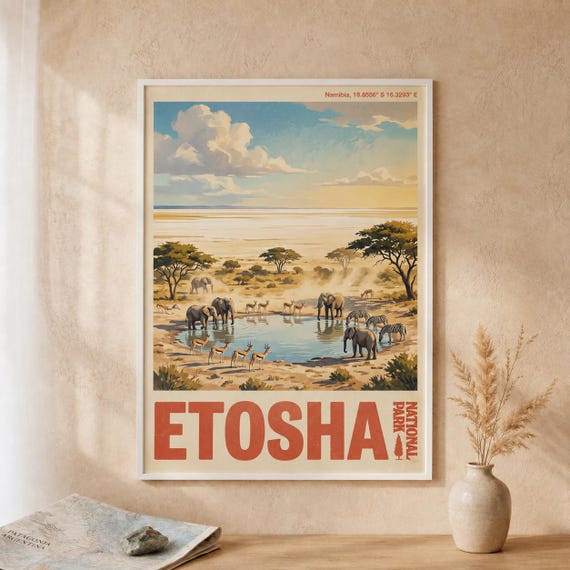 Etosha National Park Print Vintage Travel Poster Namibia Safari Wall Art