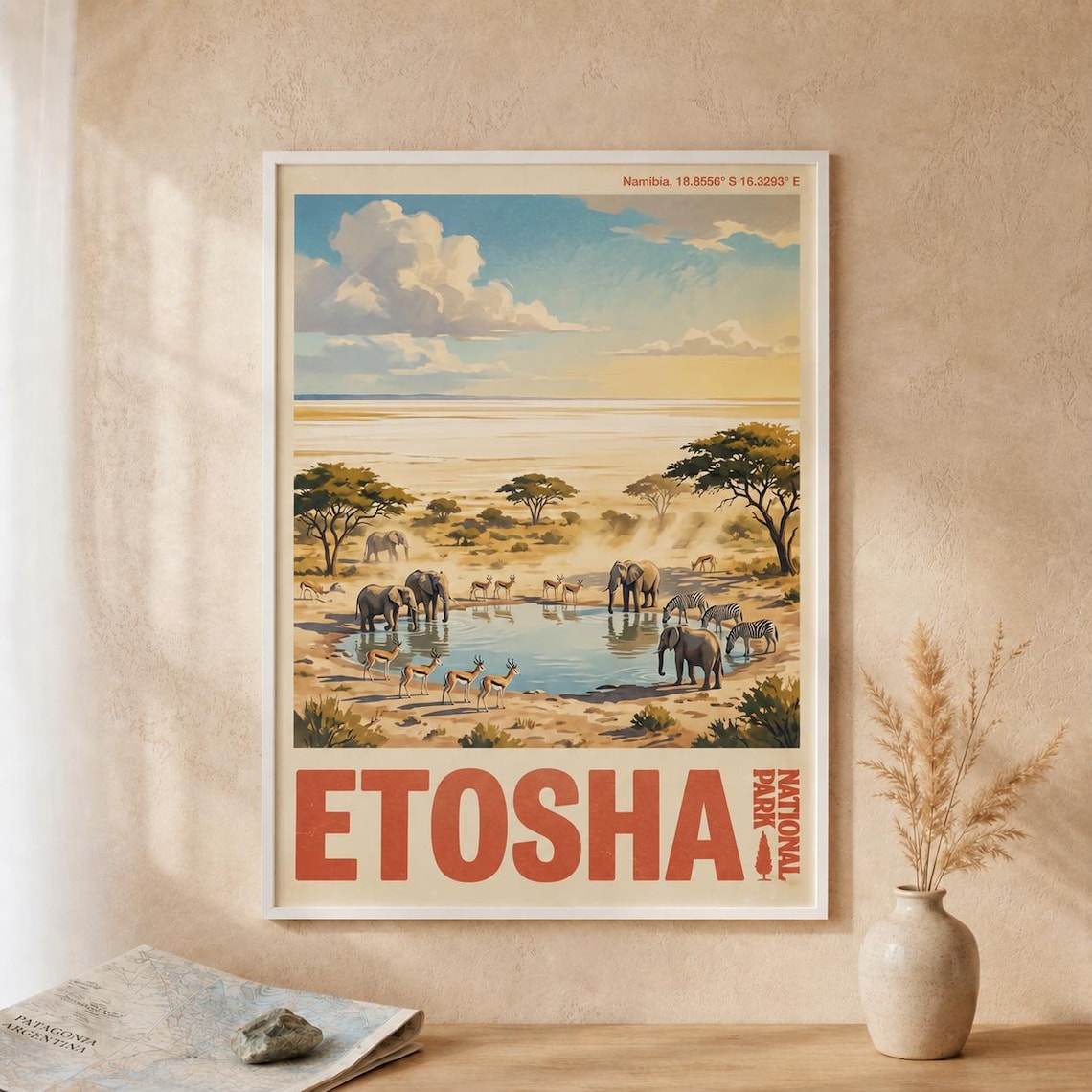 Etosha National Park Namibia Safari Poster Elephants at Waterhole
