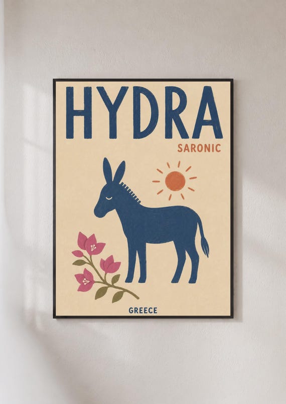 Hydra Greece Travel Poster Saronic Island Donkey Wall Art Retro Greek Print