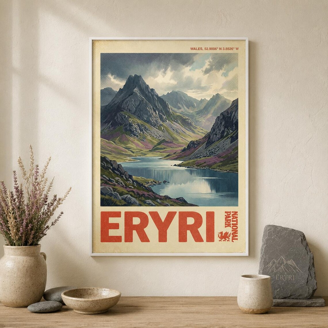 Eryri Wales National Park Mountain Lake Retro Vintage Travel Poster