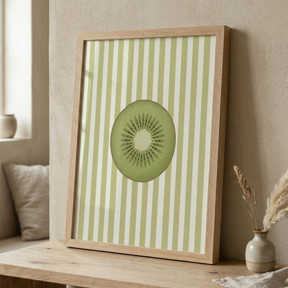 Kiwi Fruit Print Minimalist Kitchen Wall Art Green Stripes Poster