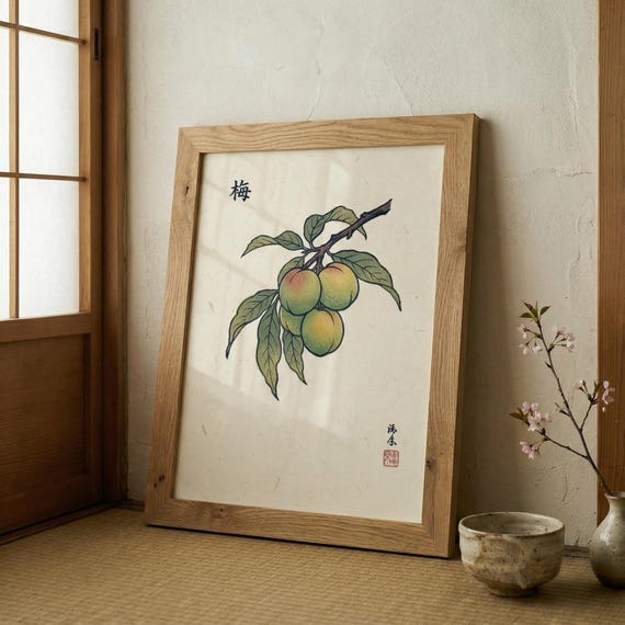 Japanese Ume Plum Print Woodblock Style Botanical Wall Art Japandi Decor