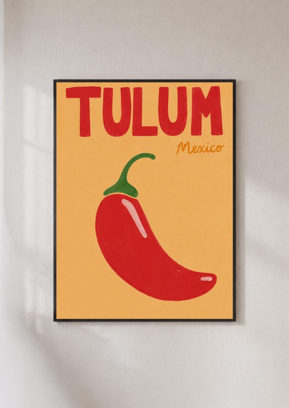 Tulum Mexico Poster Chilli Pepper Wall Art Retro Travel Print Bold Red Kitchen Decor