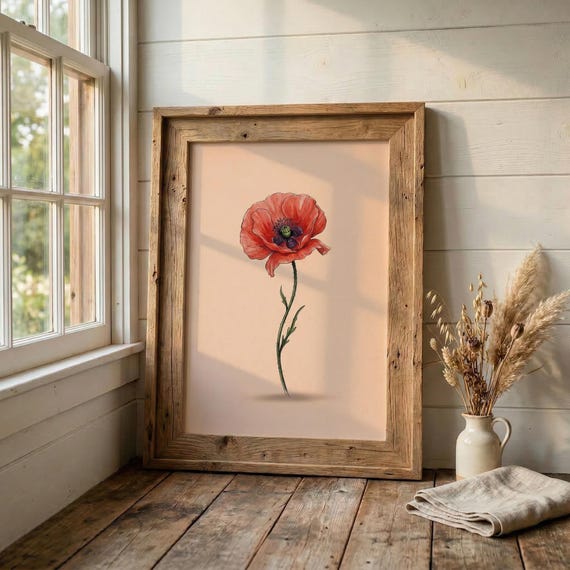 Minimalist Poppy Botanical Print Peach Floral Wall Art Cottage Garden Poster
