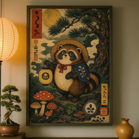 Vintage Tanuki Forest Print Japanese Raccoon Dog Lantern Poster