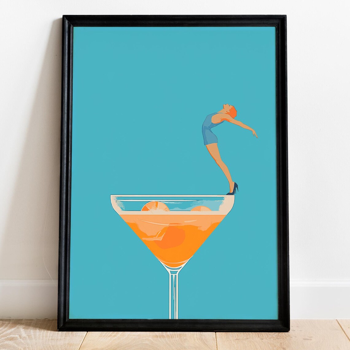 Retro Woman Diving into Giant Aperol Spritz Cocktail Glass Art Poster