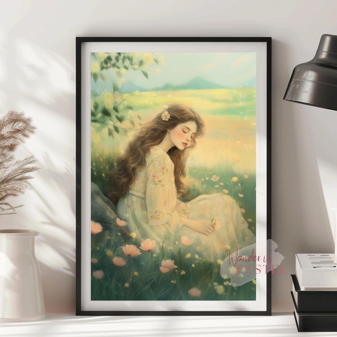 Woman Sitting Meadow Wildflowers Dreamy Pastel Whimsical Art Poster