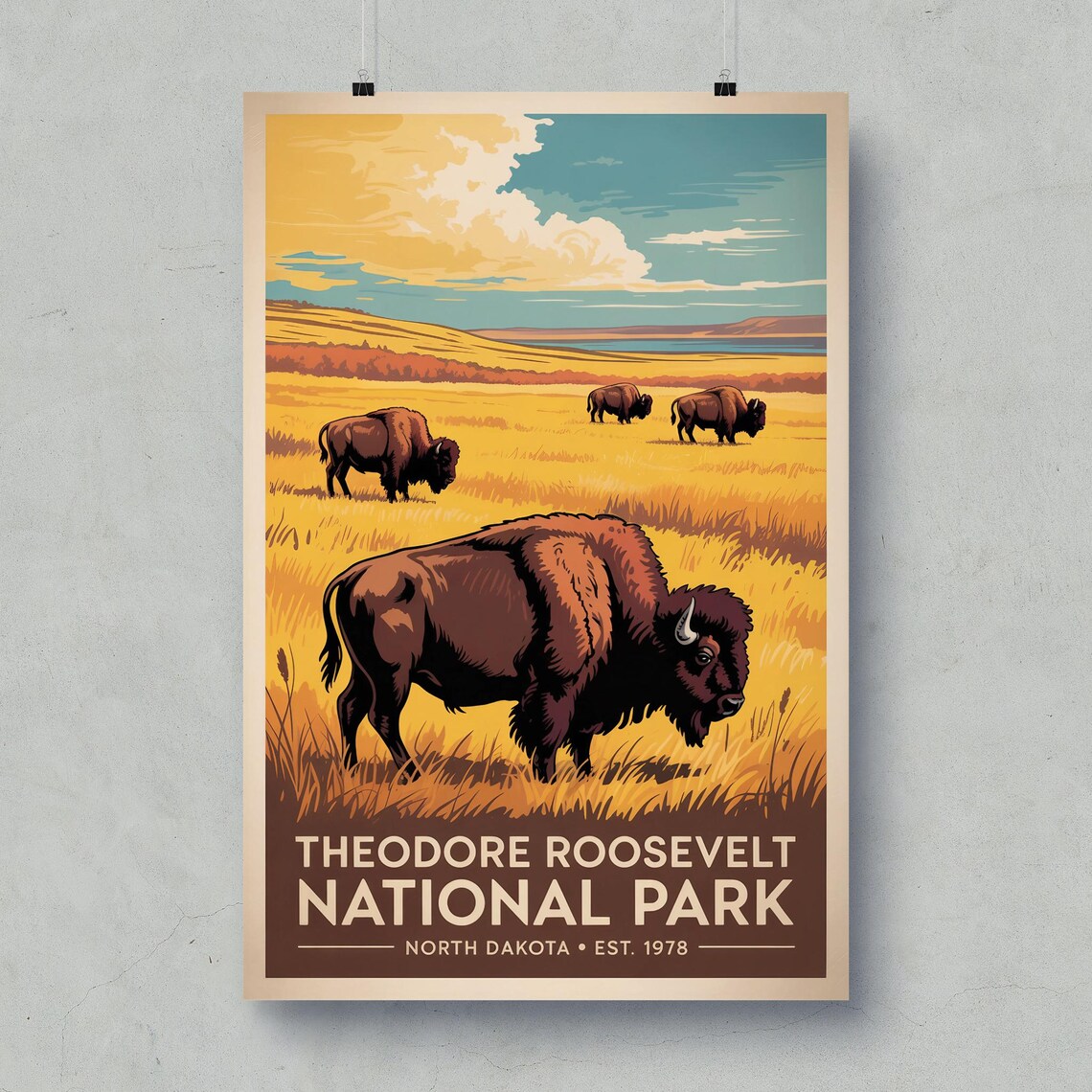 Theodore Roosevelt National Park Vintage Bison Prairie North Dakota Poster