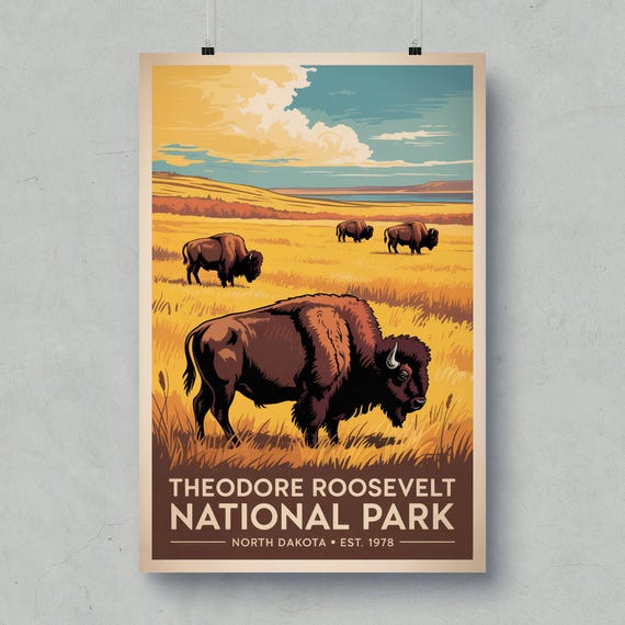 Theodore Roosevelt National Park Poster Vintage Bison Illustration