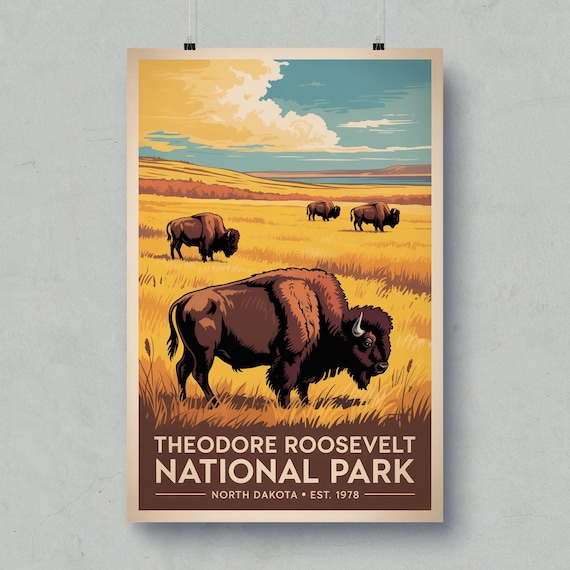 Theodore Roosevelt National Park Vintage Bison Prairie North Dakota Poster