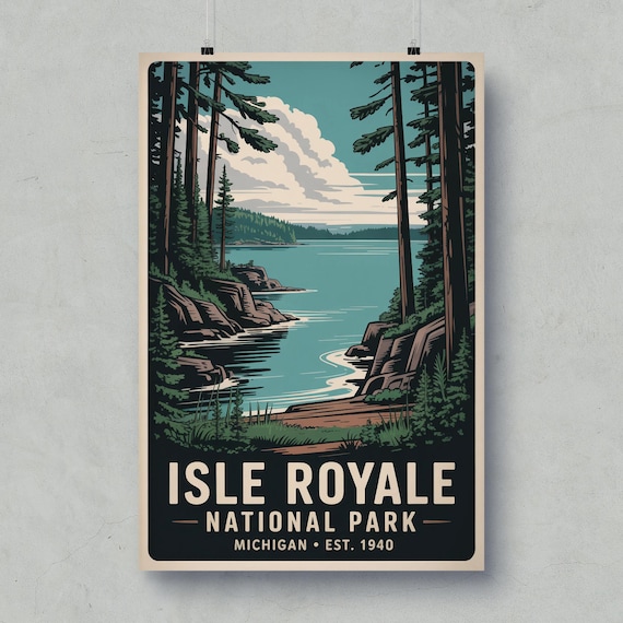 Isle Royale National Park Michigan Vintage Pine Lake Travel Poster