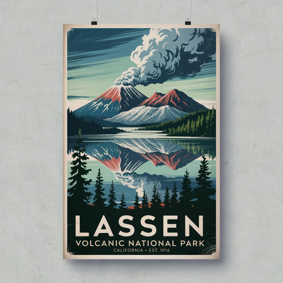 Lassen Volcanic National Park Vintage California Volcano Lake Reflection Poster