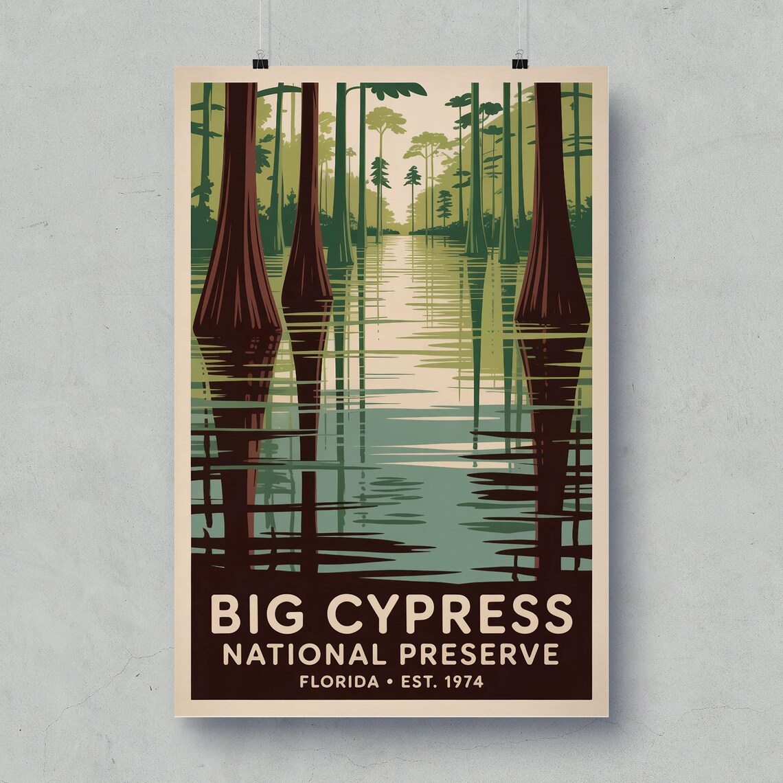 Big Cypress National Preserve Vintage Florida Swamp Cypress Poster Travel Art