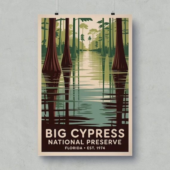 Big Cypress National Preserve Vintage Florida Swamp Cypress Poster Travel Art