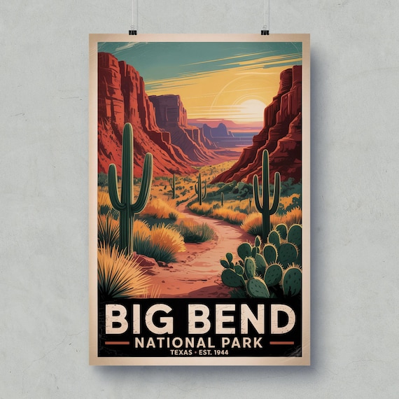 Big Bend National Park Texas Desert Cacti Sunset Vintage Travel Poster