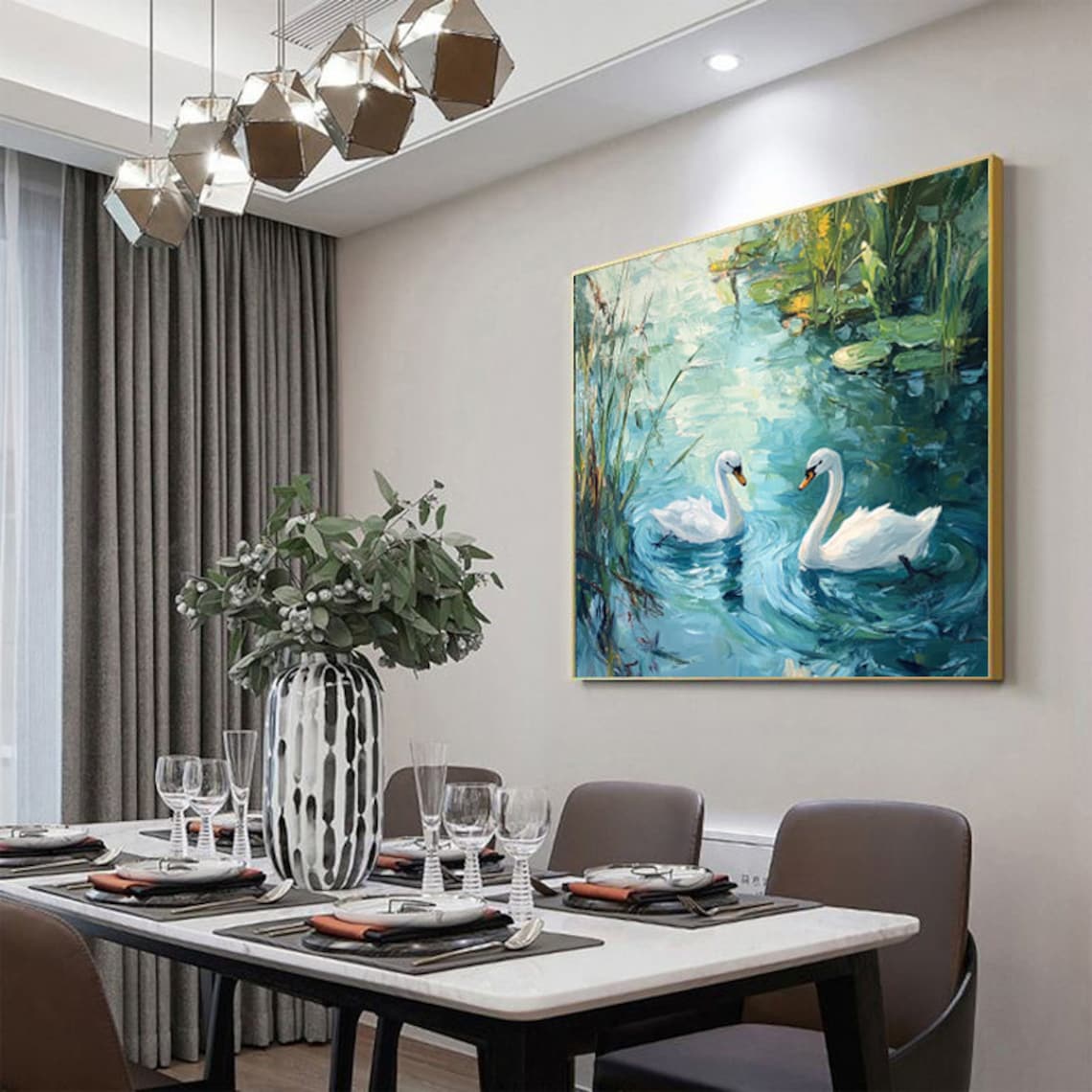 Swans With Water Plants, Abstract Oil Painting - Image 2