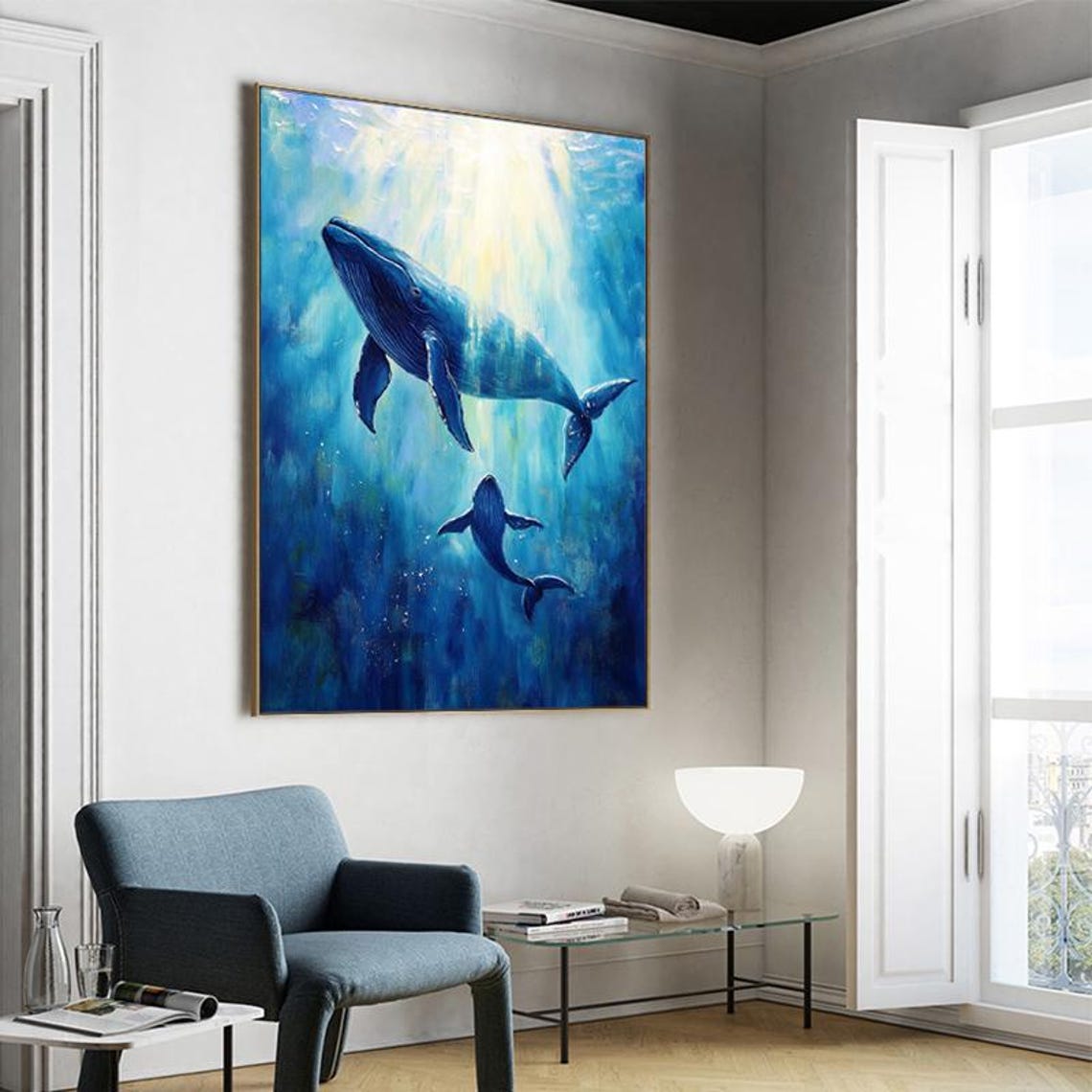 Two Blue Whales Swimming In Sunlit Deep Blue Ocean Vertical Art Poster - Image 5