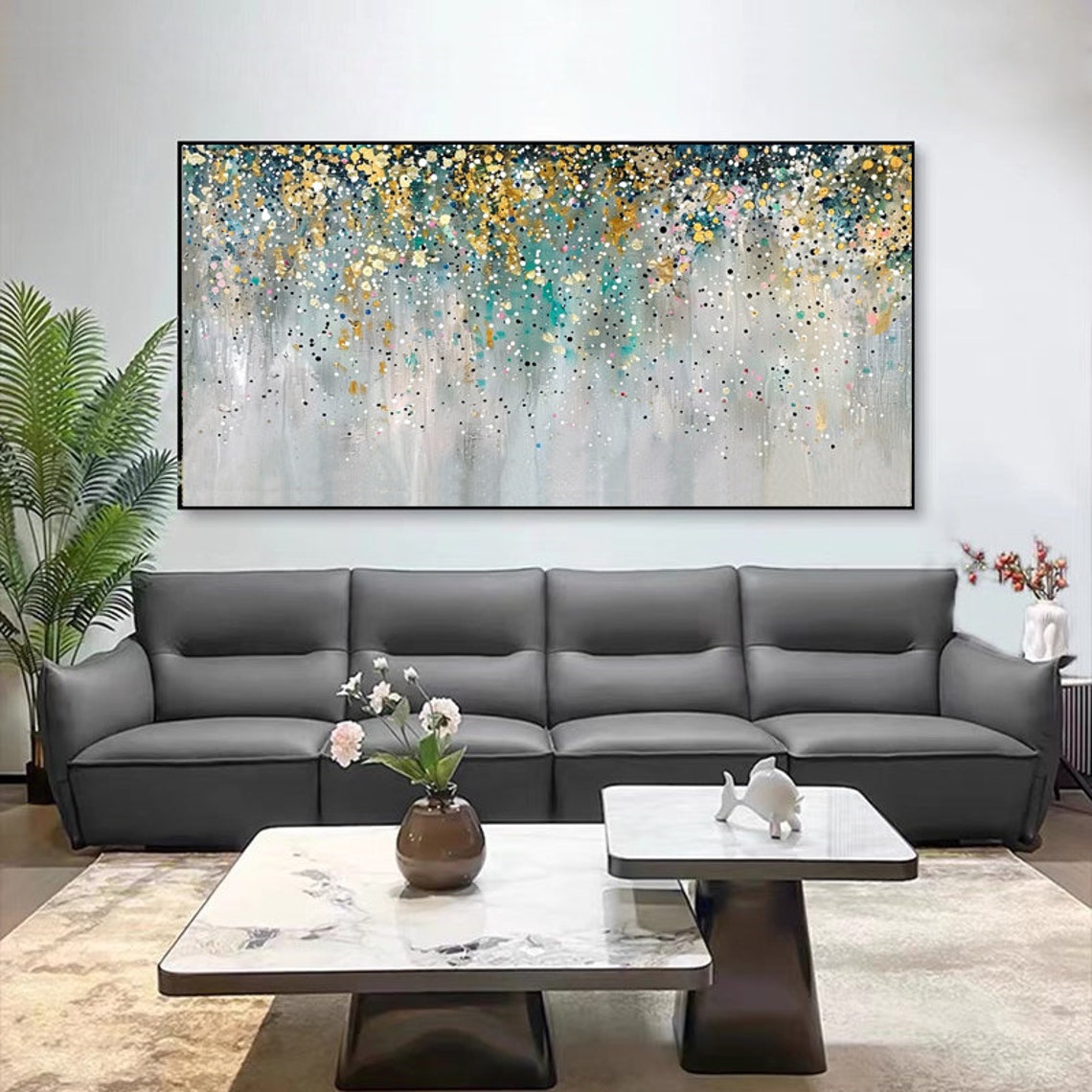 Abstract Colorful Confetti Dots Over Teal Gray Canvas Poster - Image 6