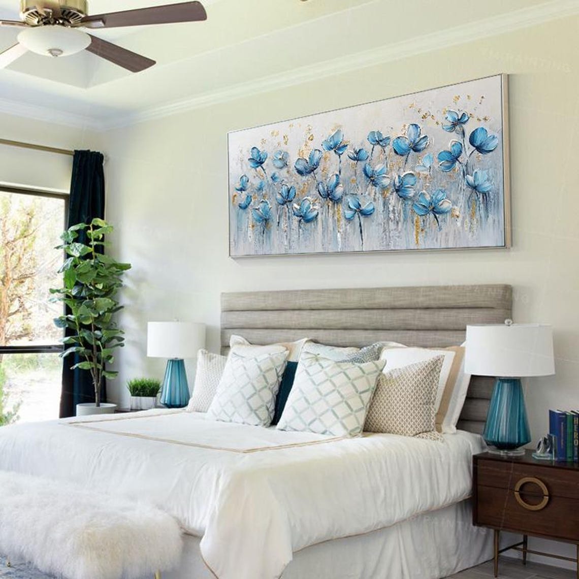 Delicate Blue Wildflowers Sprinkled With Gold Panoramic Wall Art - Image 2