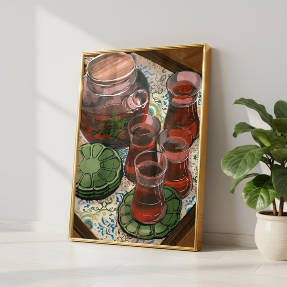 Turkish Tea Pot and Tulip Glasses Still Life Illustration Poster