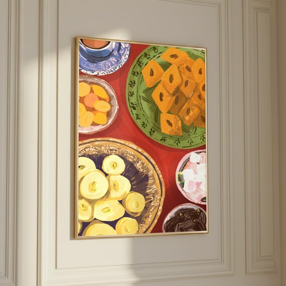 Arabic Sweets Baklava Dates Ghraeybeh Festive Red Table Print